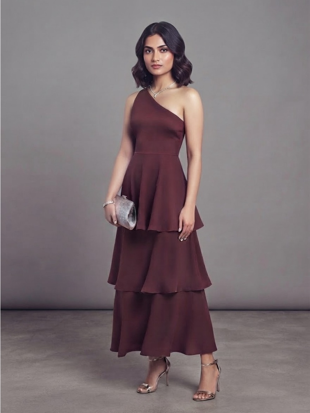 True Violet  Tiered Asymmetrical Maxi Evening Dress With Ruffles